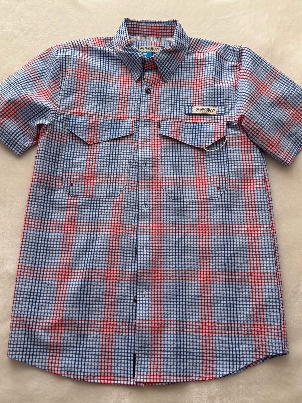 Magellan Shirt Men S Blue Red Check Plaid Seersucker Relaxed Vented Southern